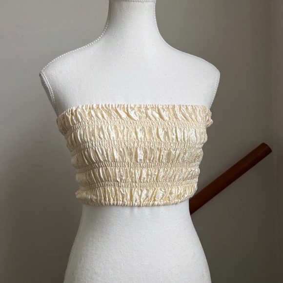 Enza Costa Tops - Enza Costa Textured Satin Smocked Tube Top Cream Strapless‎ Popcorn Chic